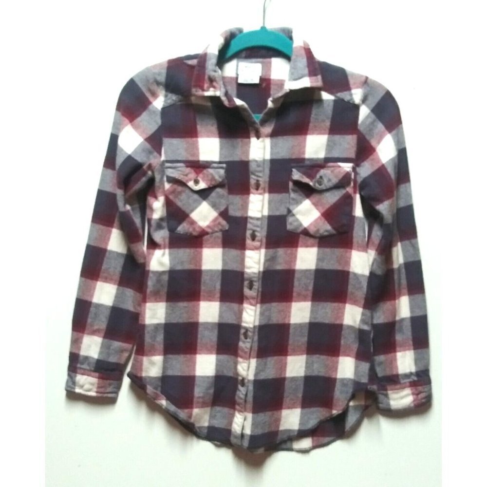 RVCA Flannel Shirt Womens XS Plaid Long Sleeve burgundy gray flap pockets